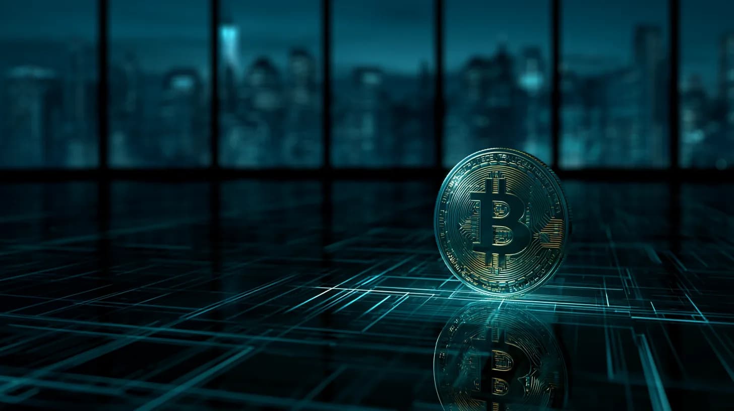 Single bitcoin coin on a dark boardroom table with a blurred city skyline at dusk behind it