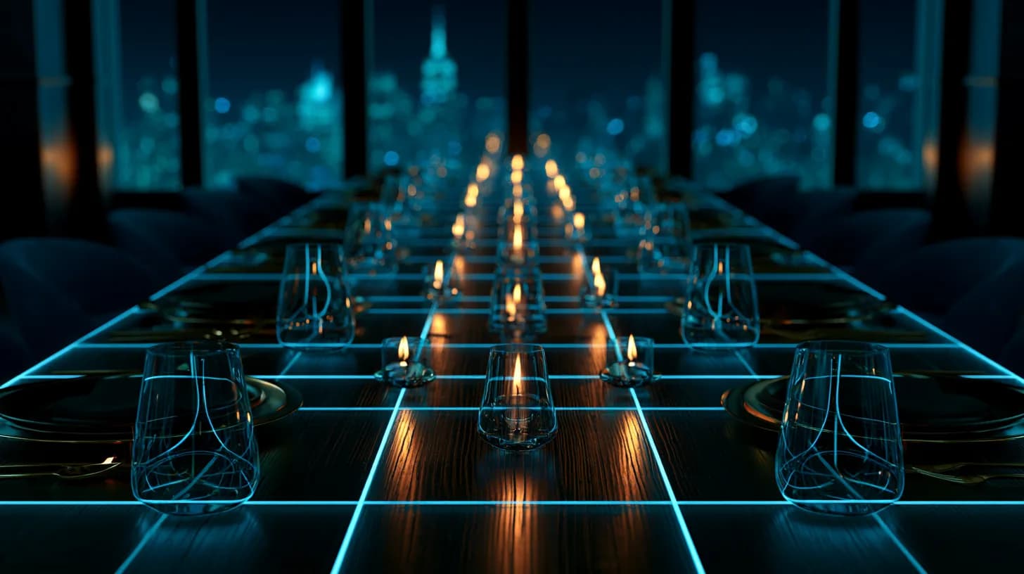 Candlelit private dinner table set in a dim Manhattan venue with the city skyline visible through tall windows.