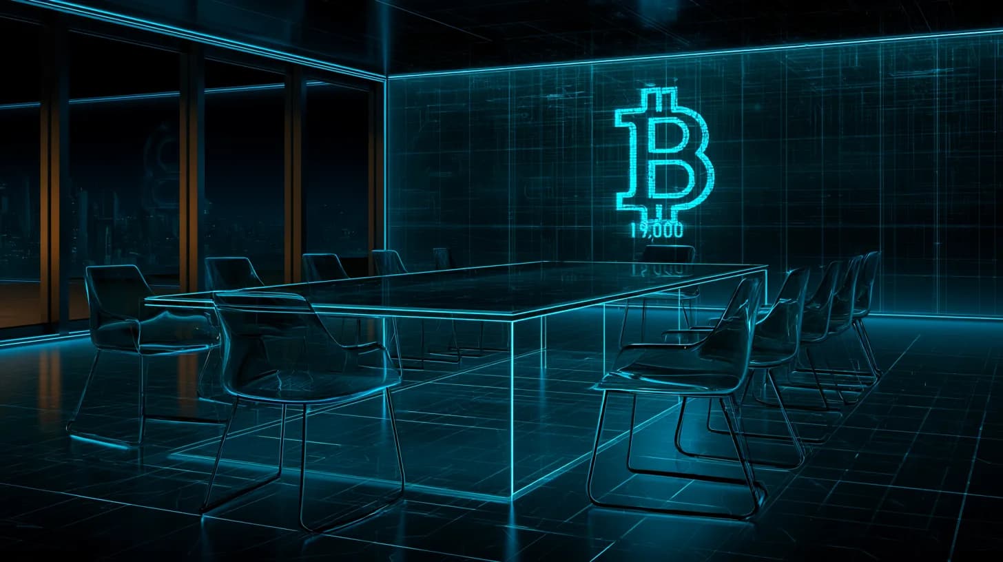 Corporate boardroom at night with a digital ticker showing a Bitcoin symbol and the figure 19,000