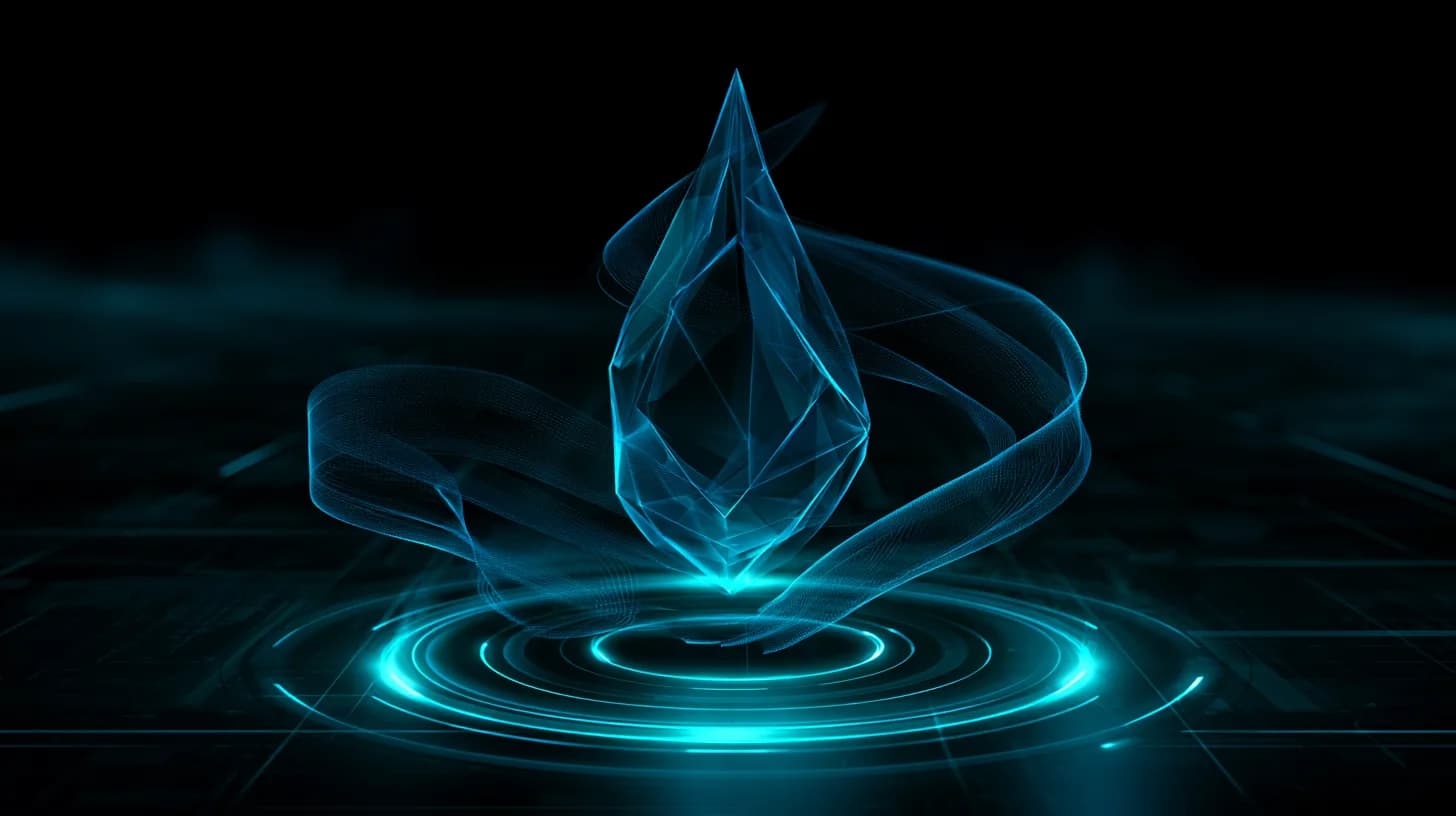 Glowing Sui-style blue droplet crystal rising above a dark trading floor with data ribbons