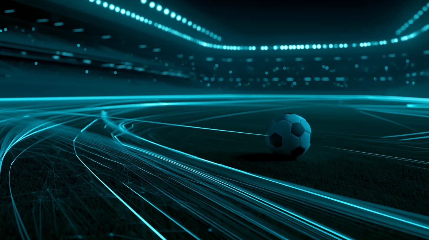 Empty stadium pitch at dusk with floodlights and faint blue data overlays representing on-chain sports predictions