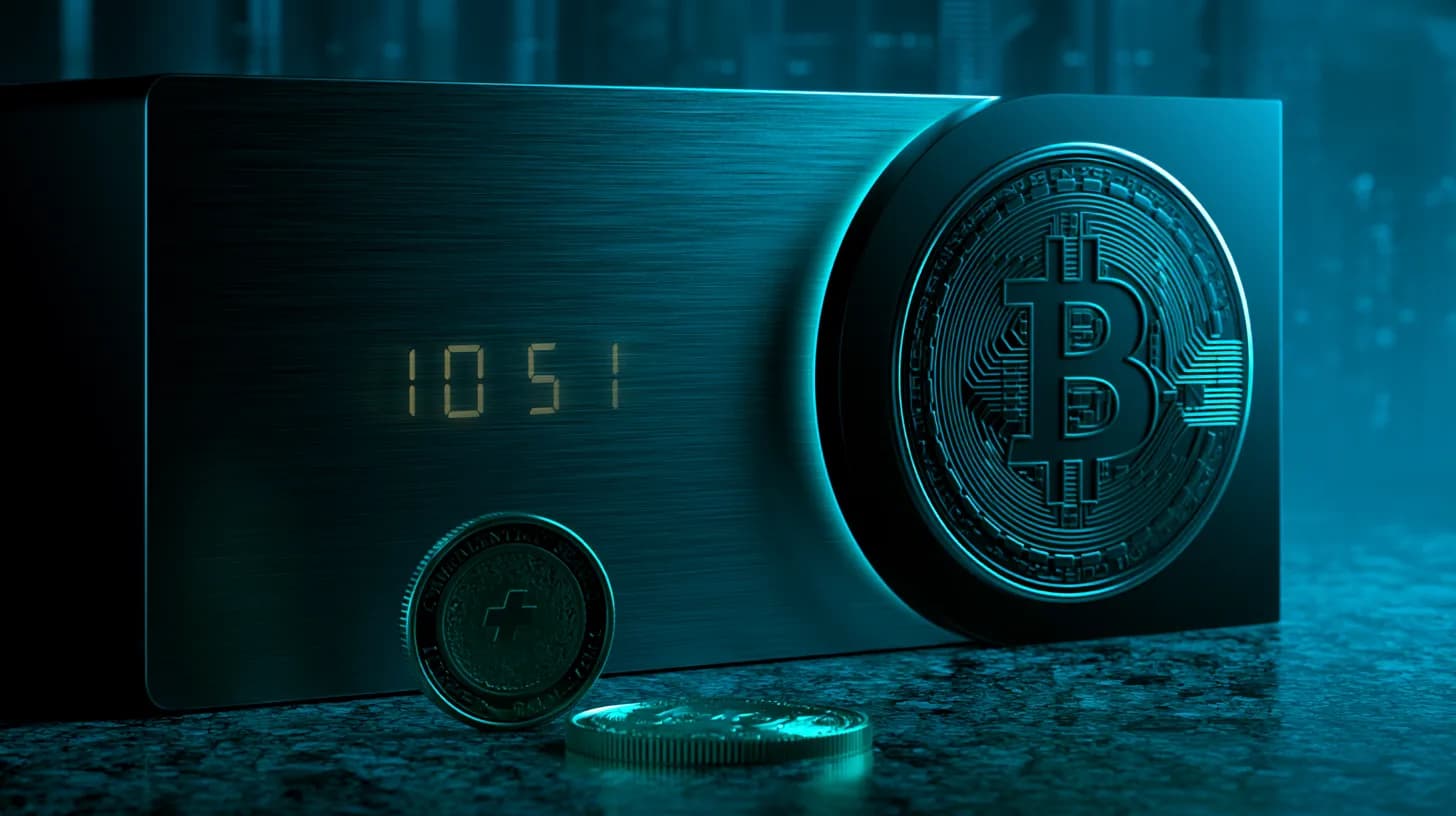 Vault door with amber countdown timer, Bitcoin coin on granite surface, SwissBorg withdrawal delay concept