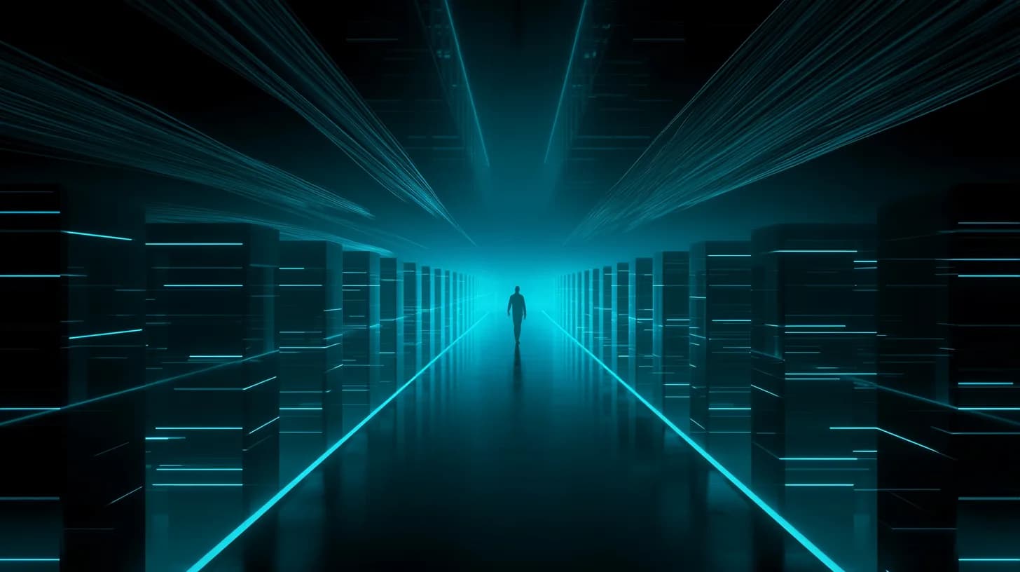 Hyperscale data center interior with rows of illuminated server racks and a lone silhouetted technician walking the central…