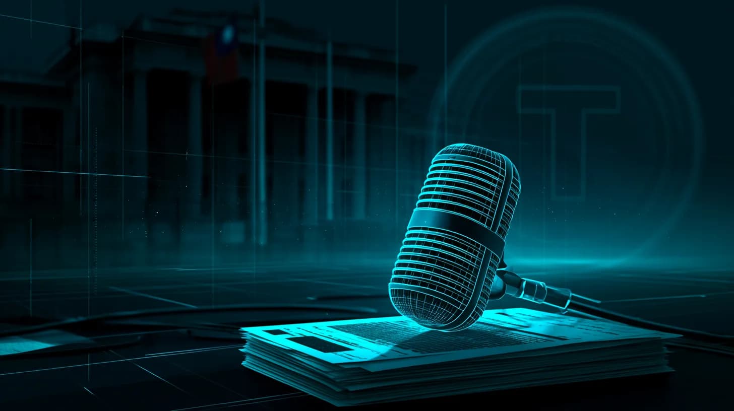 Taipei courthouse at dusk with broadcast microphone on redacted documents and faint USDT motif
