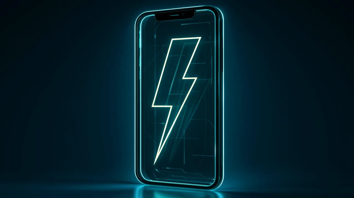 Smartphone screen showing a glowing Lightning bolt icon, representing Tether Wallet 1.4's new Lightning Network support.
