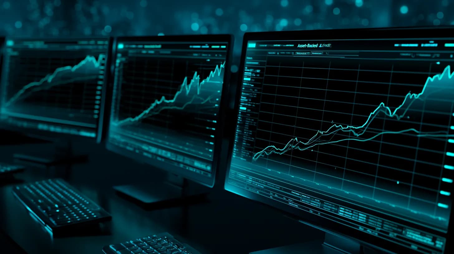 Trading floor monitors showing tokenized asset-backed credit chart crossing $1 billion milestone