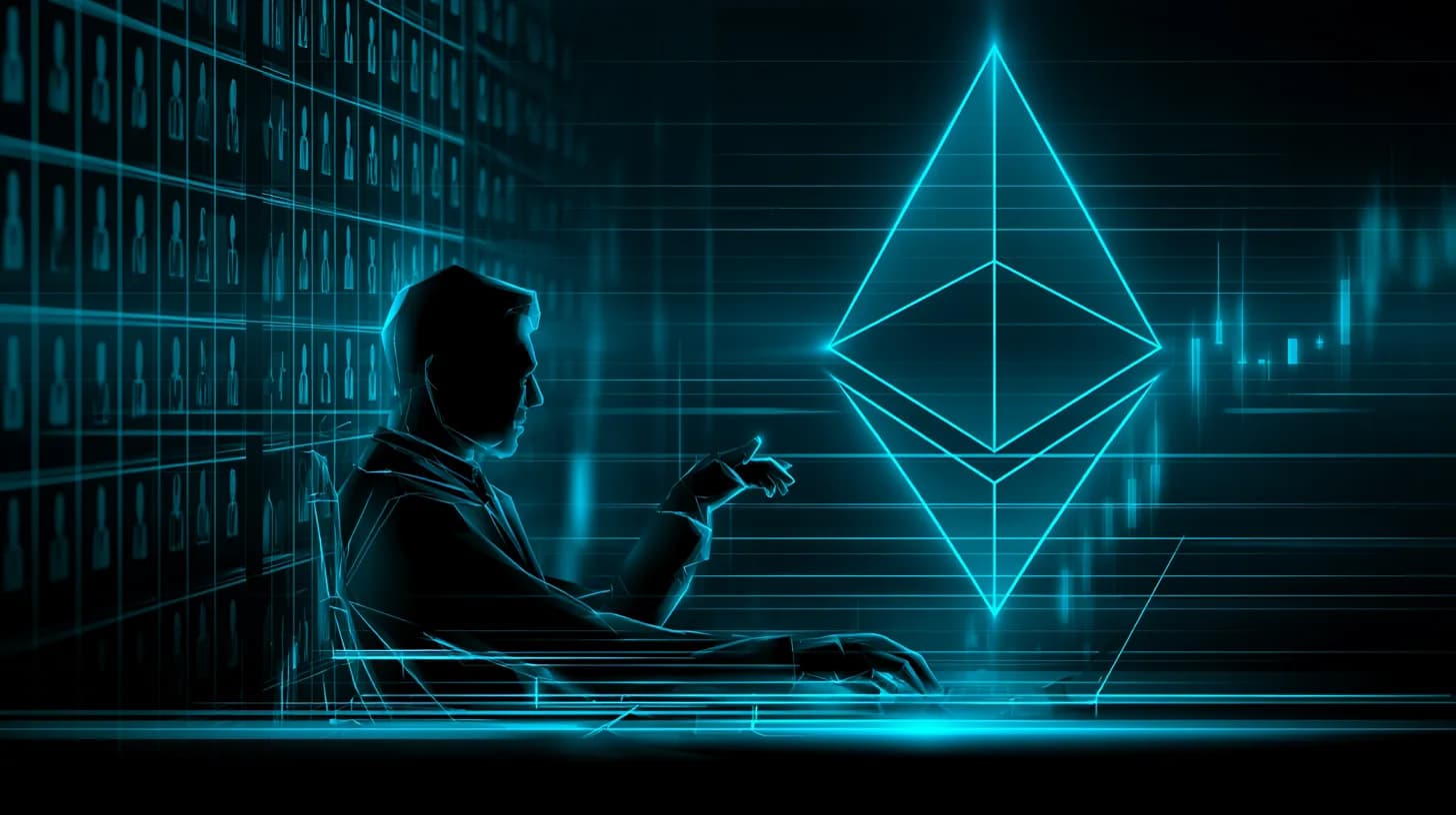 Analyst silhouette dismissing Ethereum Foundation departures with ETH logo and ETF flow chart in background