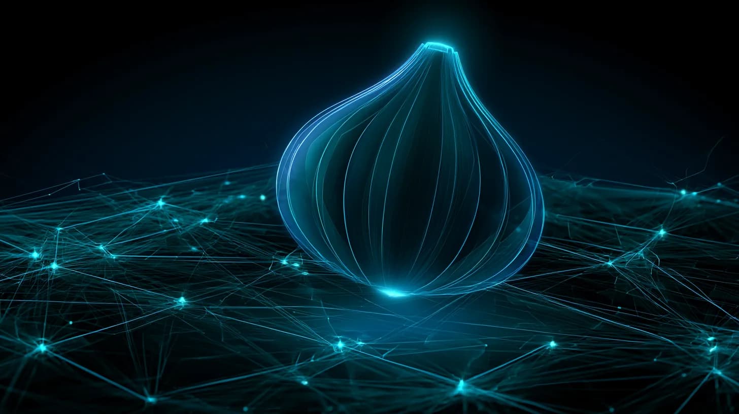 Glowing onion symbol above a network of blockchain nodes representing Tor's Web3 crowdfunding launch