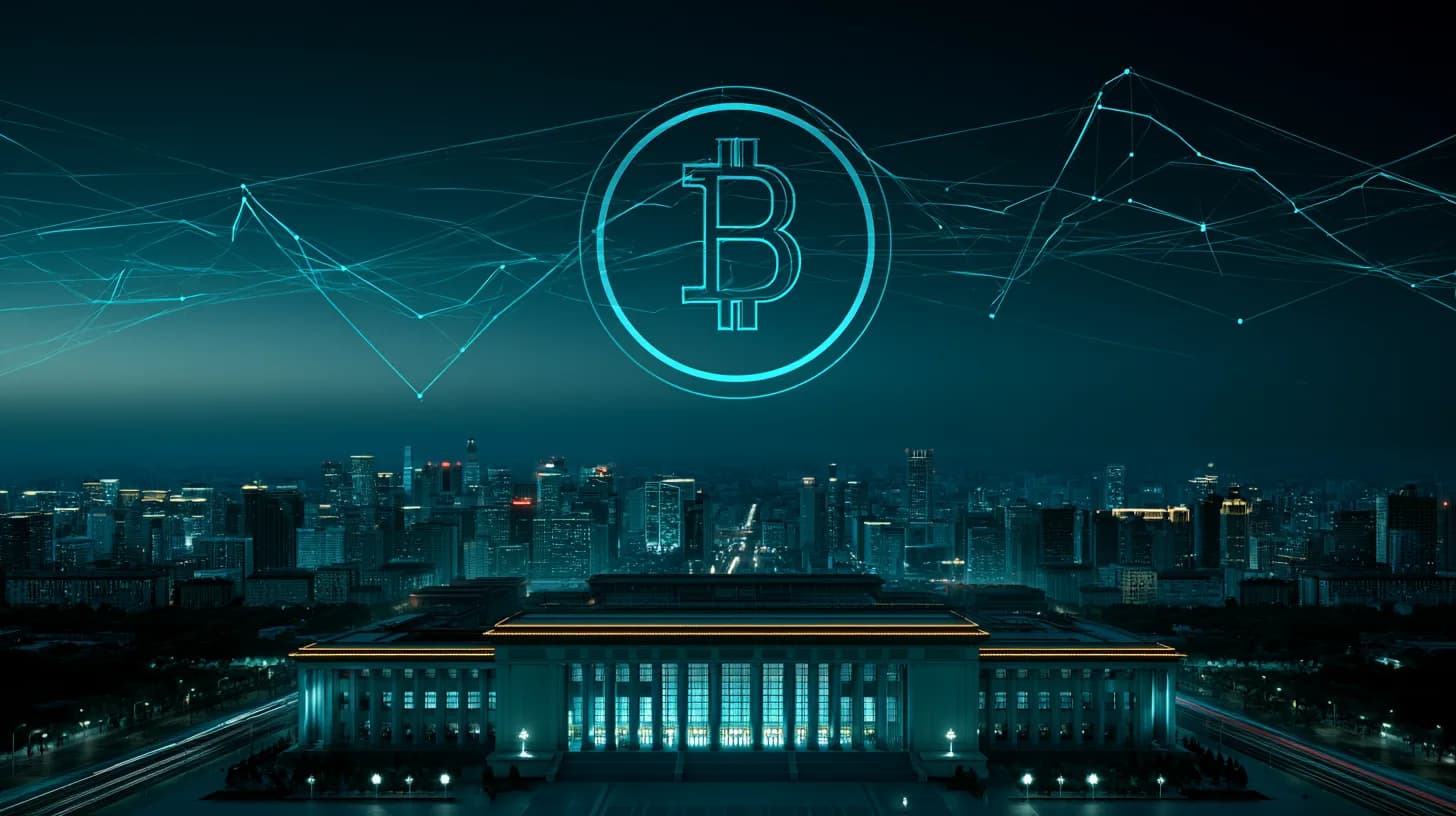 Beijing skyline at dusk with a faint Bitcoin chart overlay near $80,000 ahead of Trump-Xi meeting