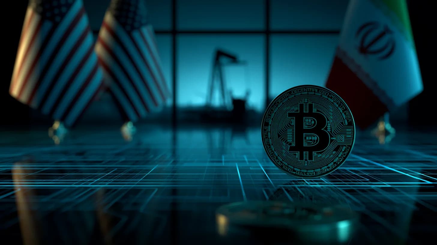 US and Iranian flags at a signing table with a Bitcoin coin and an oil derrick in the background