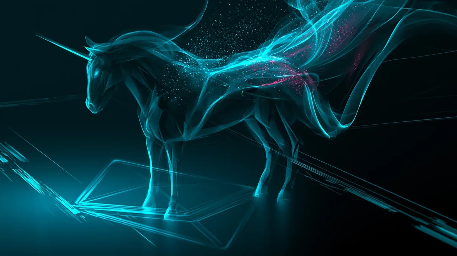 Stylized Uniswap unicorn dissolving into glowing particles above an Ethereum glyph, illustrating record UNI burn