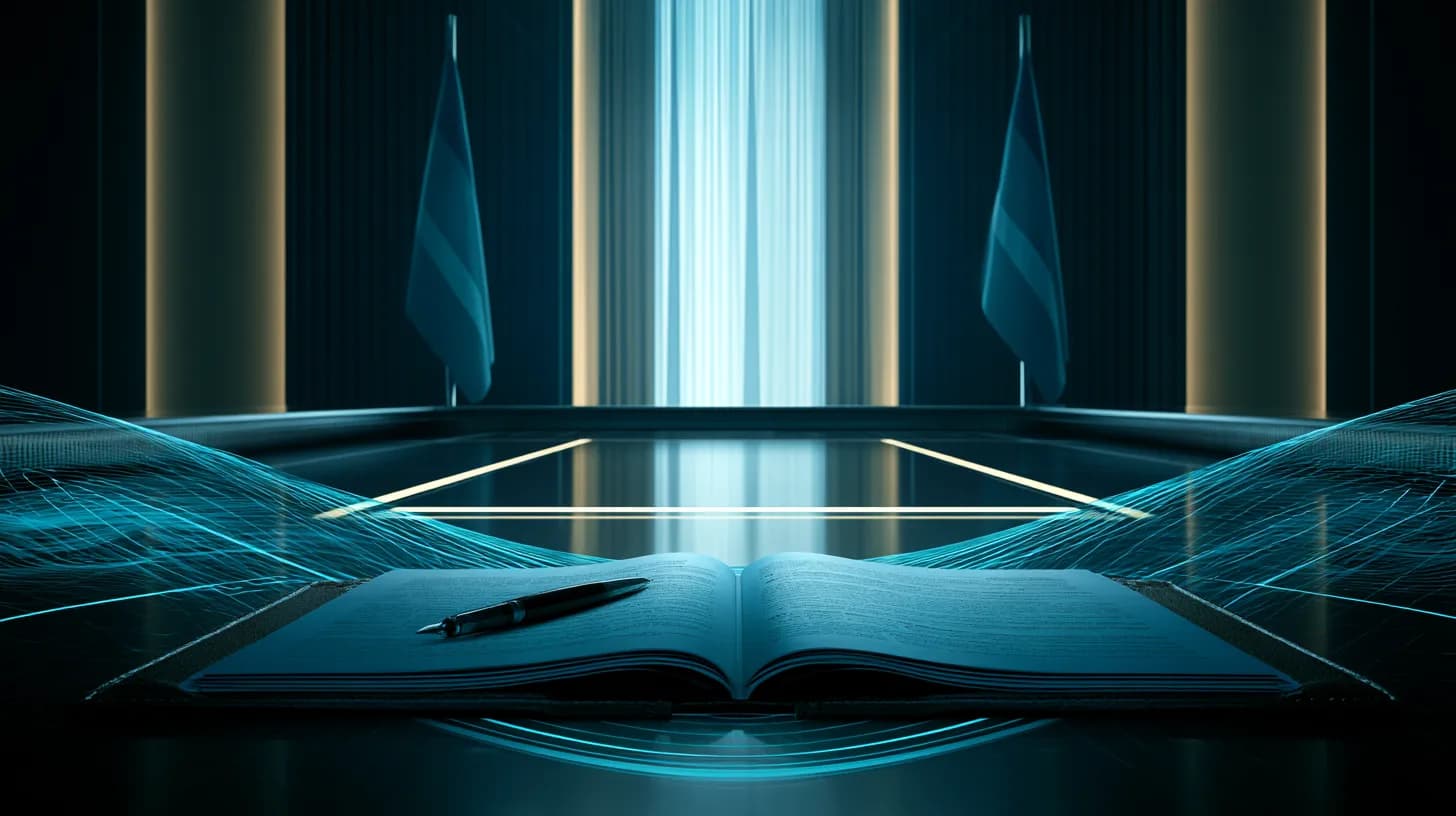 Open leather folio with printed draft documents and a fountain pen on a polished diplomatic negotiating table