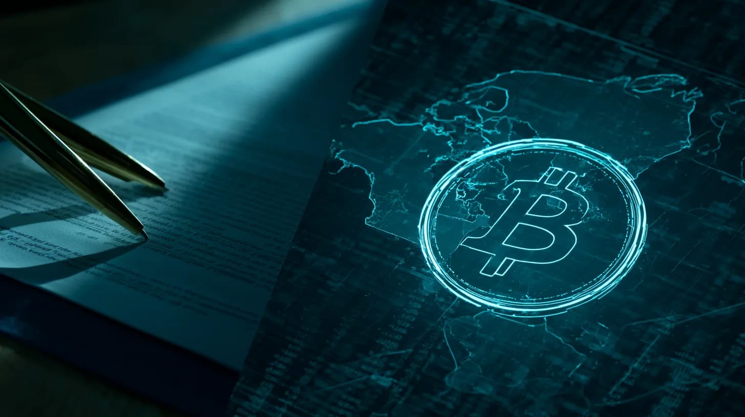 Document signing scene paired with Bitcoin symbol over Middle East map, marking US-Iran memorandum and BTC rally