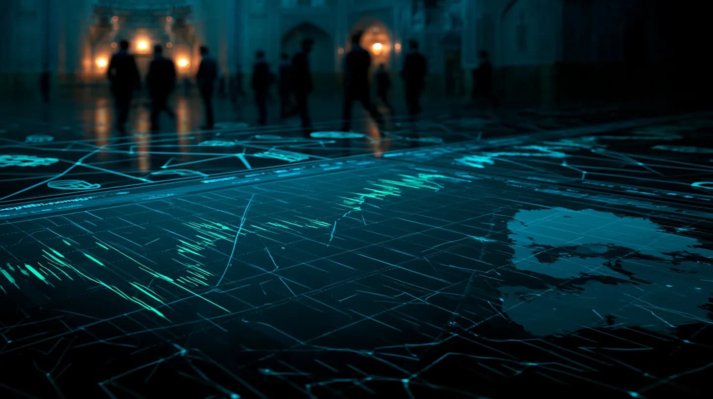 Bitcoin trading terminal overlaid with map of Iran as Tehran mediator talks advance