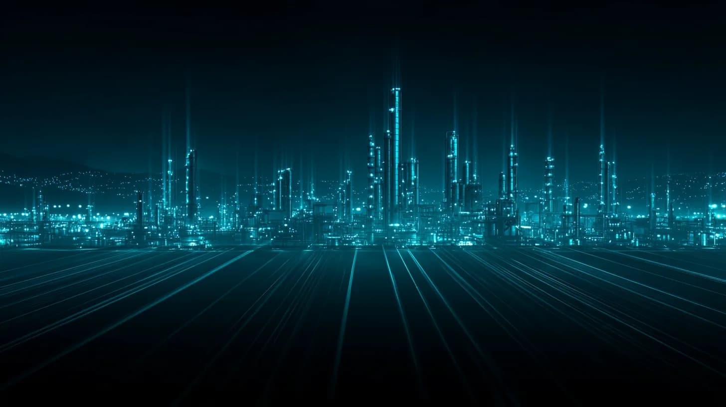 Petrochemical refinery complex at dusk with distillation columns and a distant oil tanker in harbor