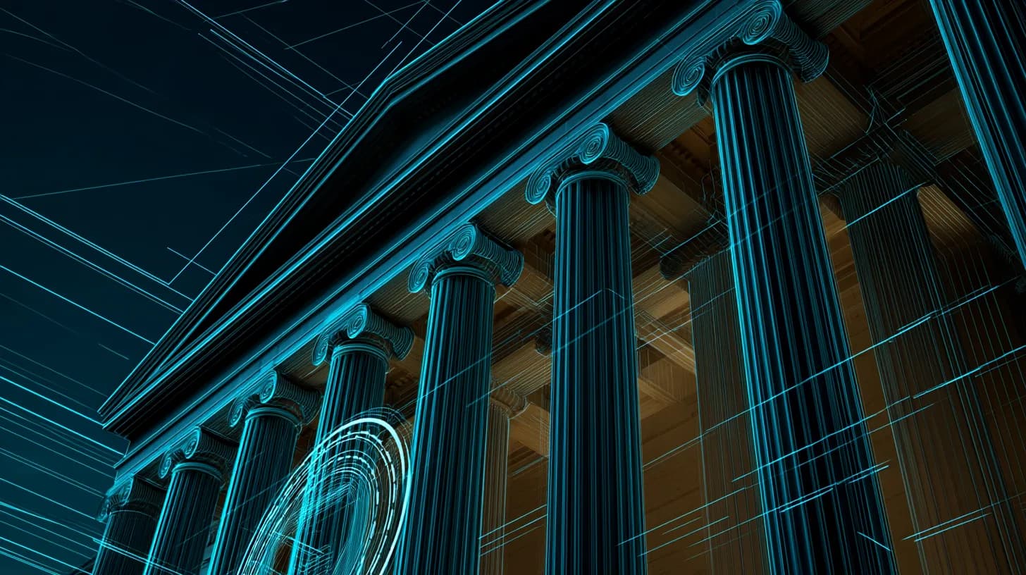 US Treasury building at dusk with faint blockchain overlay, illustrating $1B Iran crypto seizure