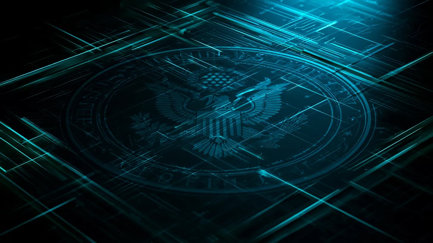 US Treasury seal layered over shipping vessels and faded blockchain patterns, illustrating Iran sanctions enforcement on…