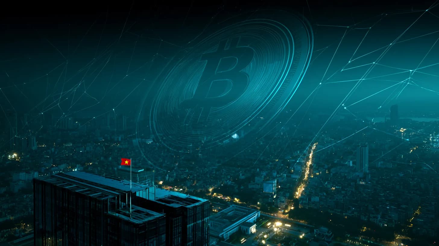 Vietnam Ministry of Finance building in Hanoi at dawn with a subtle Bitcoin symbol overlay on glass