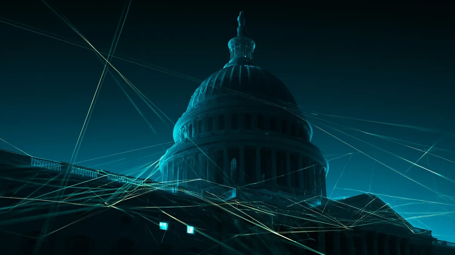 US Capitol at dawn with faint neural network lines overhead, evoking AI financial disclosure legislation