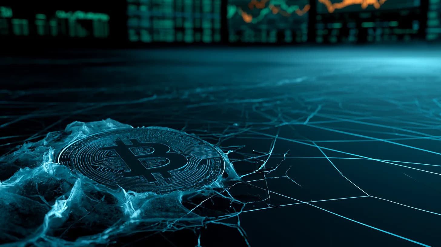 Frozen Bitcoin coin in cracked ice with glowing AI and quantum stock tickers on screens behind it