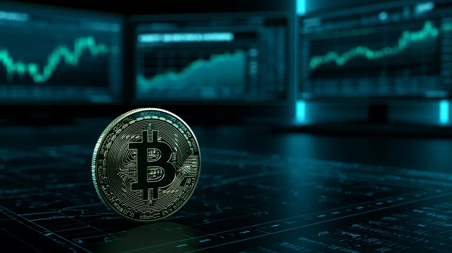 Bitcoin coin on a trading desk with rising charts and a news ticker visible on blurred monitors behind