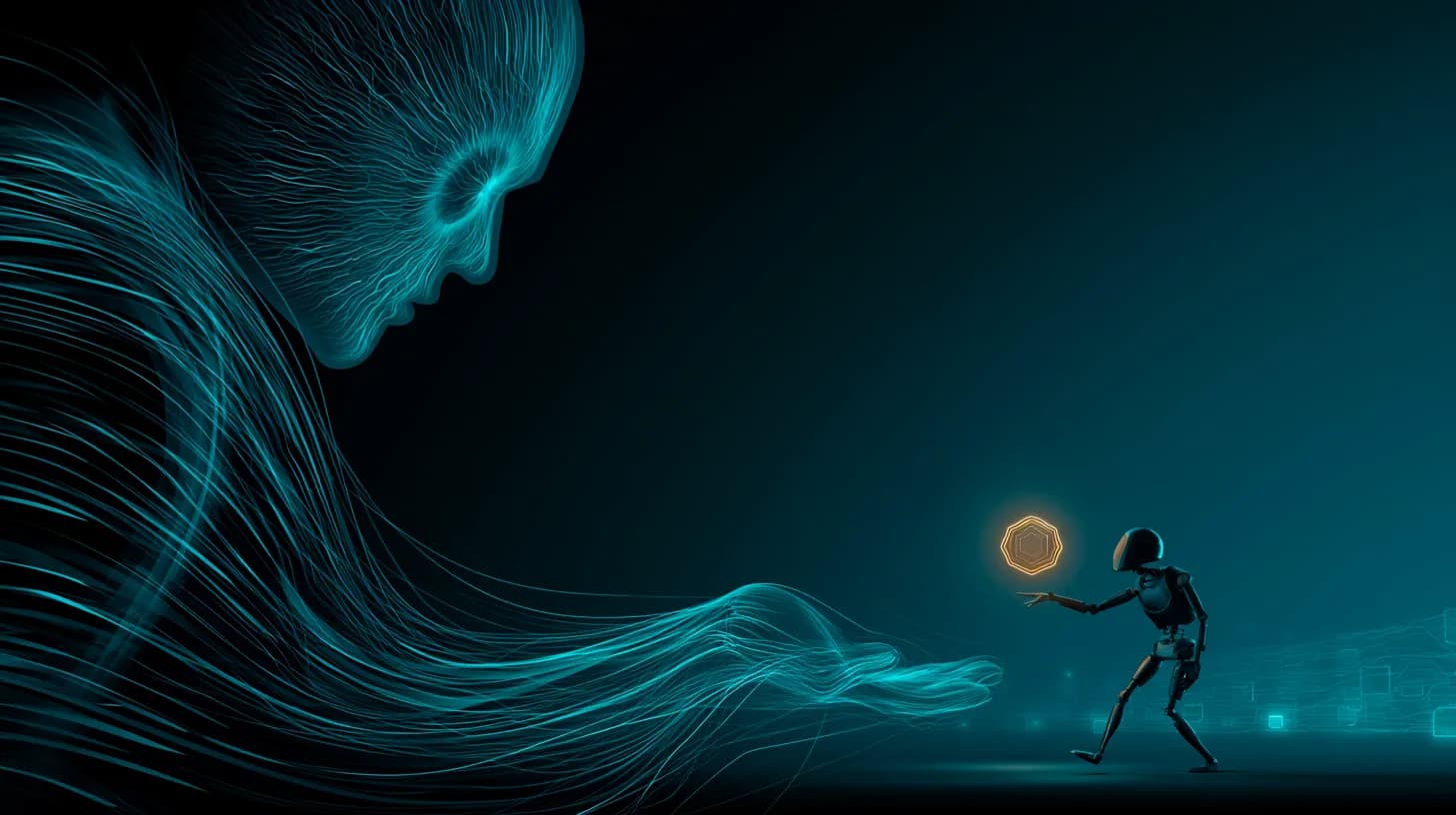 Glowing iris-shaped credential passing from a human silhouette to a small AI agent figure in a dark server room