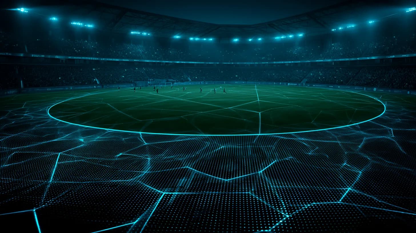 World Cup 2026 stadium at kickoff with crypto sponsorship boards visible along the pitch perimeter