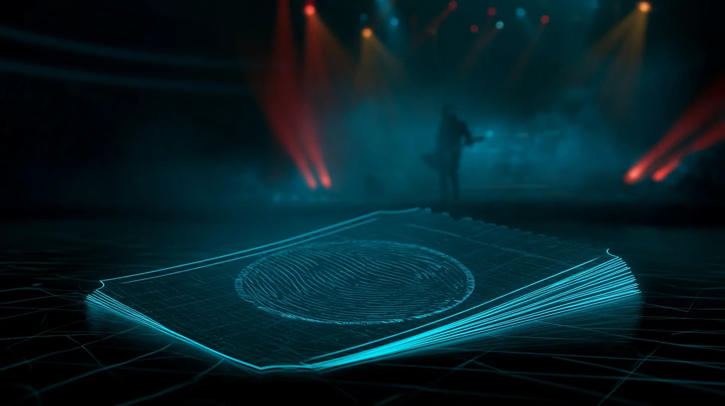 Glowing concert ticket with biometric iris seal in front of a hazy arena stage, illustrating Worldcoin's World ID ticketing…