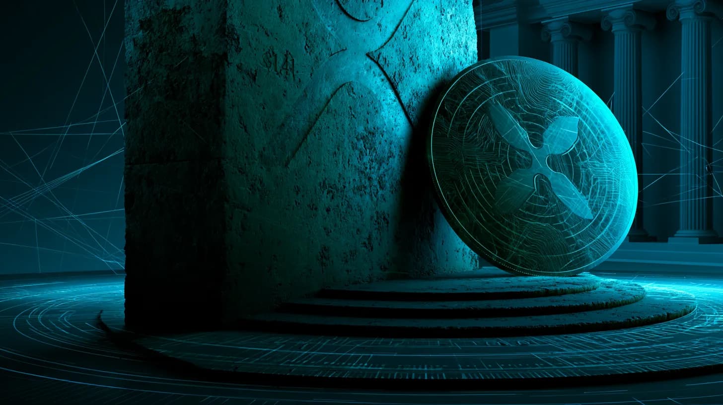 XRP token pressed against a $1.41 resistance wall with institutional banking architecture in the background
