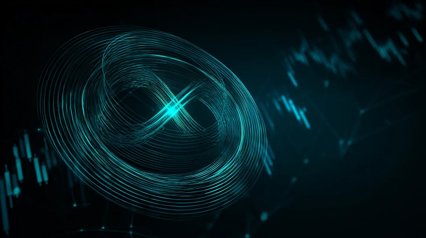 Editorial illustration of a coiled spring containing the XRP logo, representing price compression at the $1.43 level and…