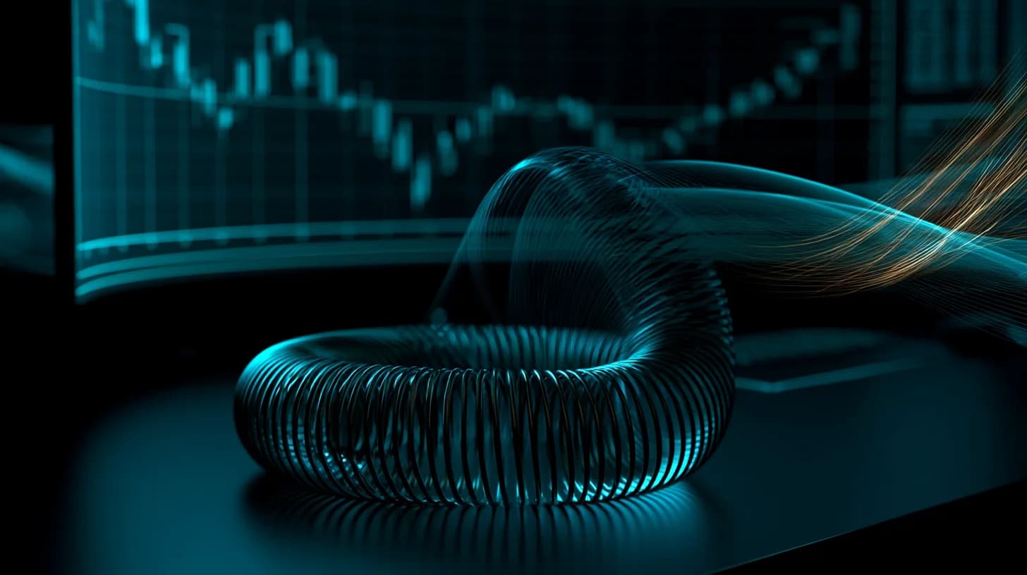 Coiled metal spring on a trading desk with candlestick charts glowing in the background, illustrating XRP price compression