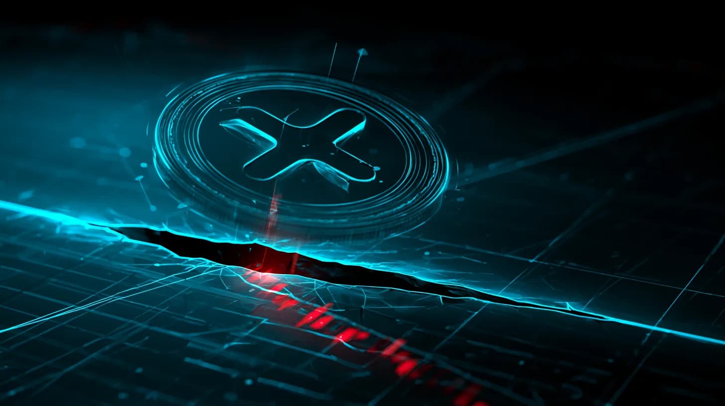 XRP token falling through a cracked $1.20 support line on a descending price chart