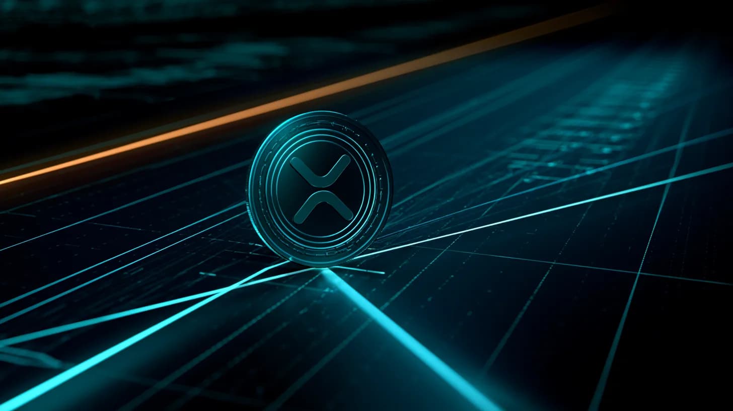 XRP token compressed between converging orange resistance and blue support lines on a two-week chart