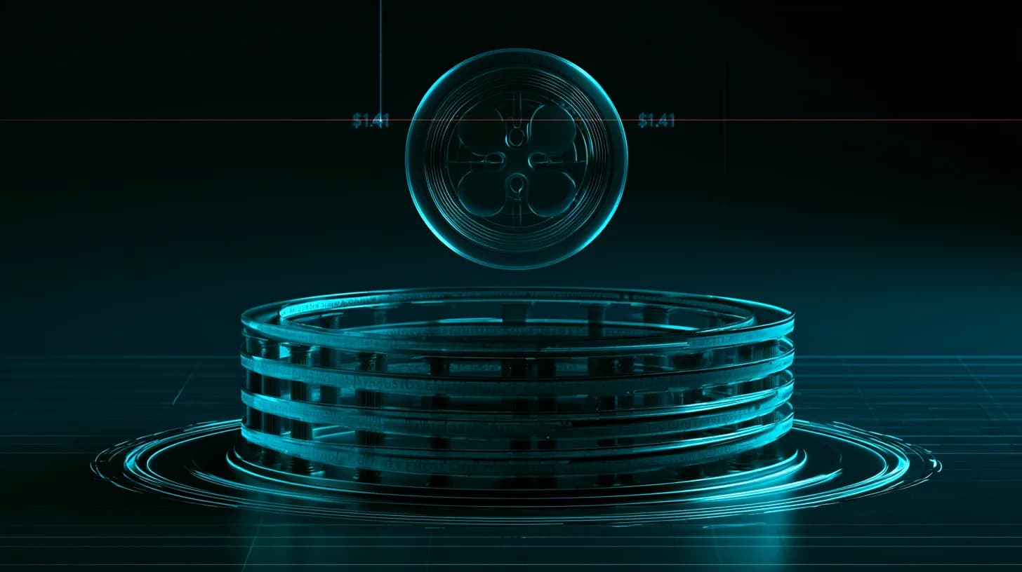 Stylized XRP token hovering above a coiled institutional-themed spring with a red resistance line at $1.41 cutting across a…