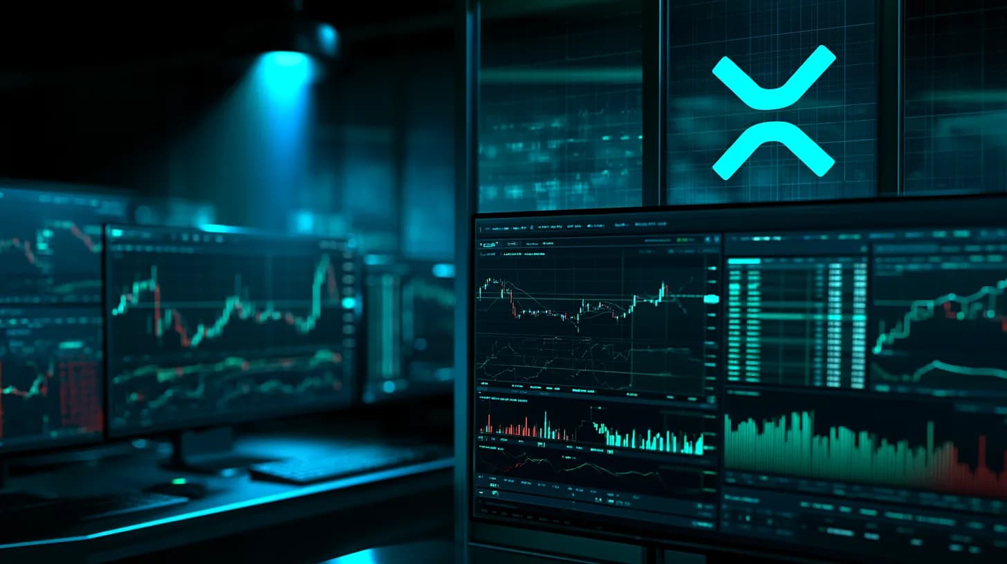 XRP charts and derivatives order books displayed across institutional trading floor monitors with XRP Ledger logo in…
