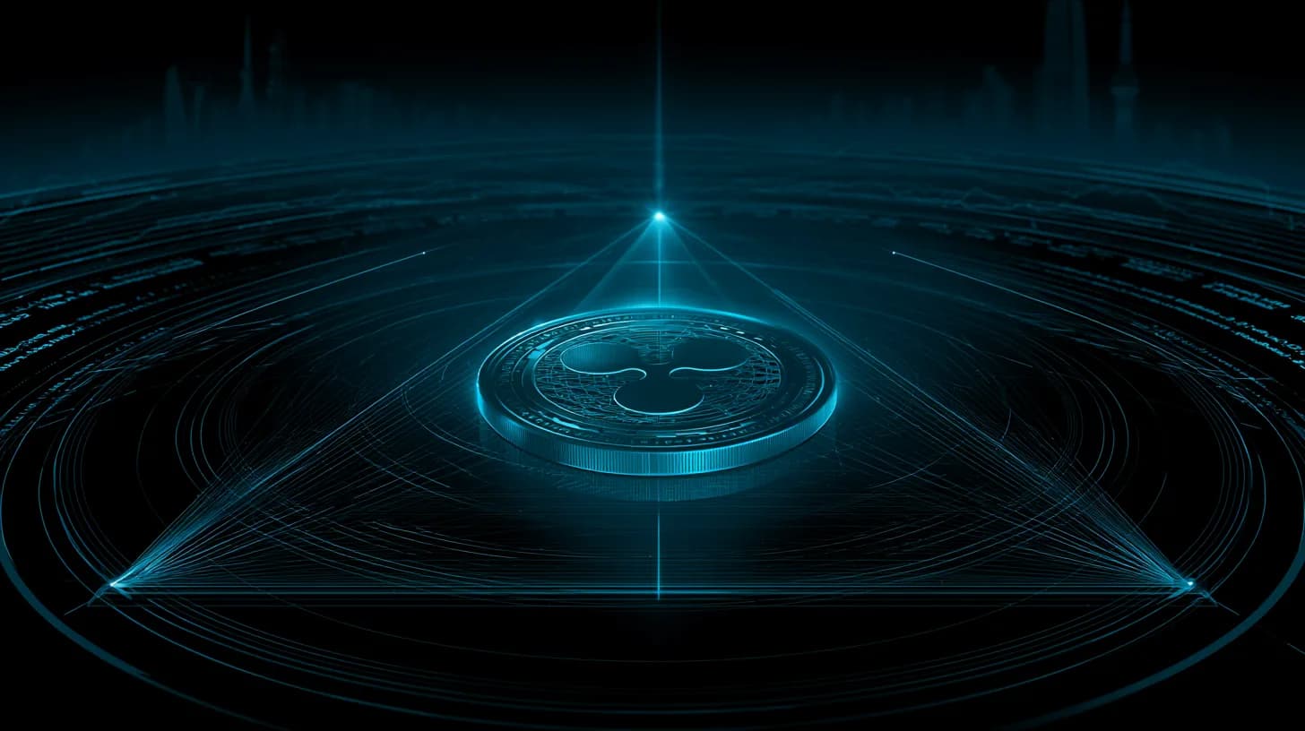 XRP token at the apex of a narrowing technical triangle with thin order book lines and Asian financial skyline silhouettes…