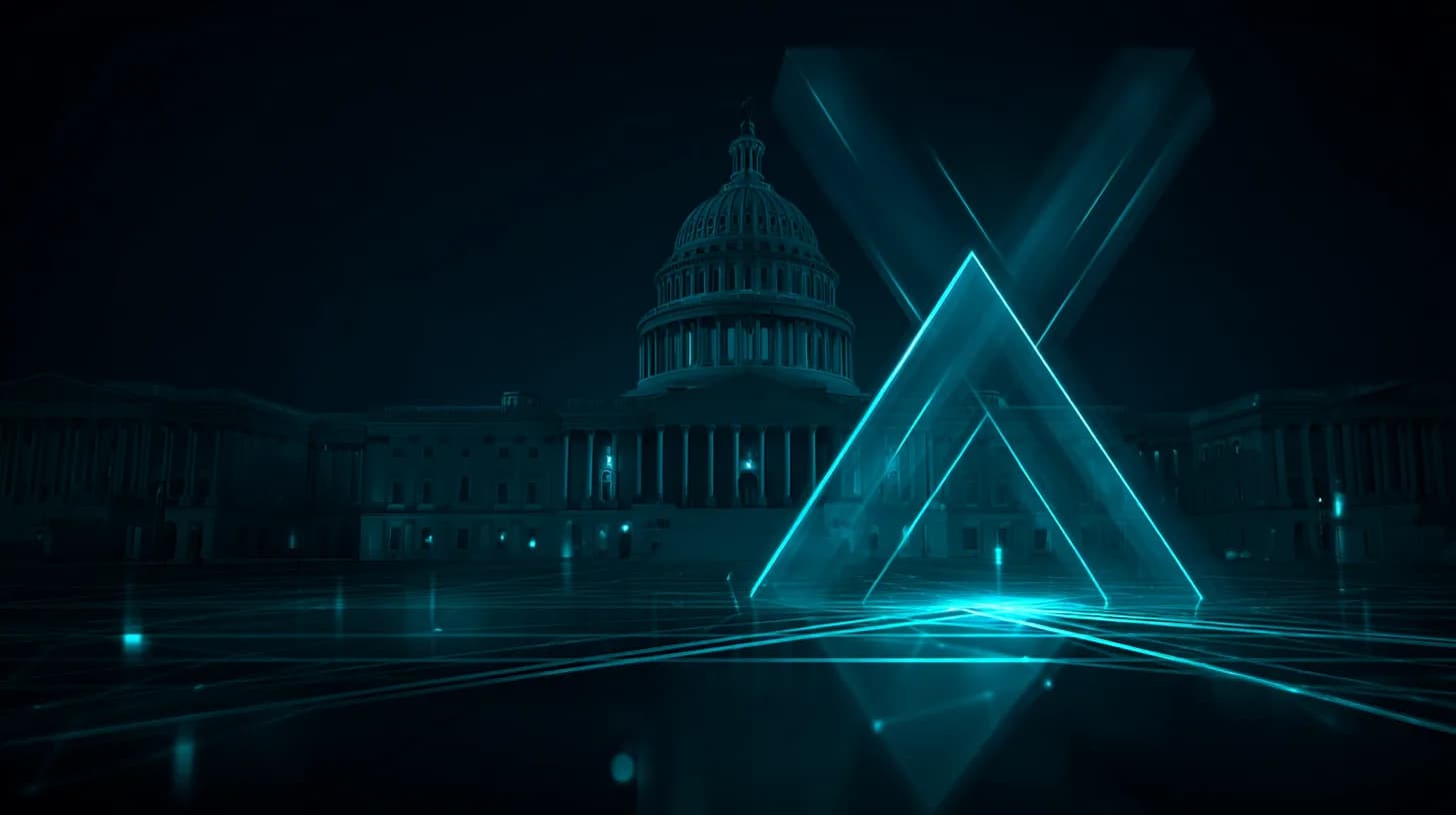 US Capitol dome at dusk with a glass cube bearing the XRP symbol in the foreground