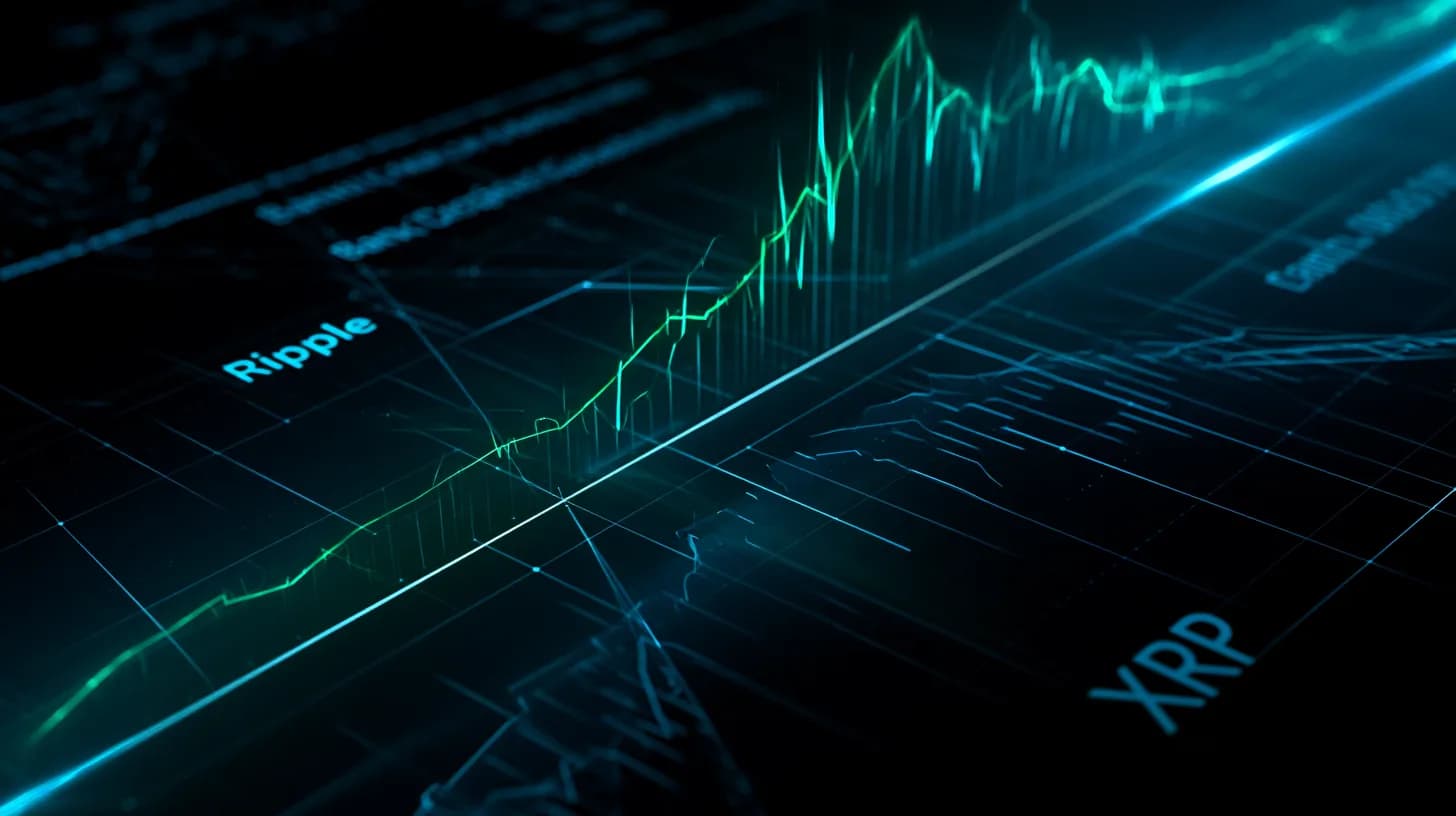 Diverging chart lines representing the disconnect between Ripple's institutional growth and XRP token price, set against a…