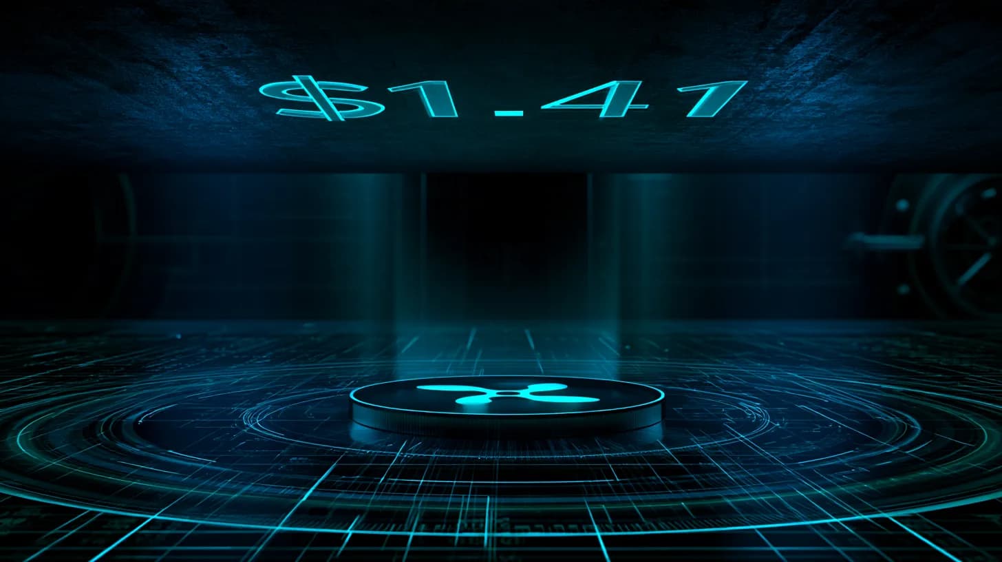 Editorial illustration of XRP pressed against a $1.41 price ceiling with banking and ledger motifs