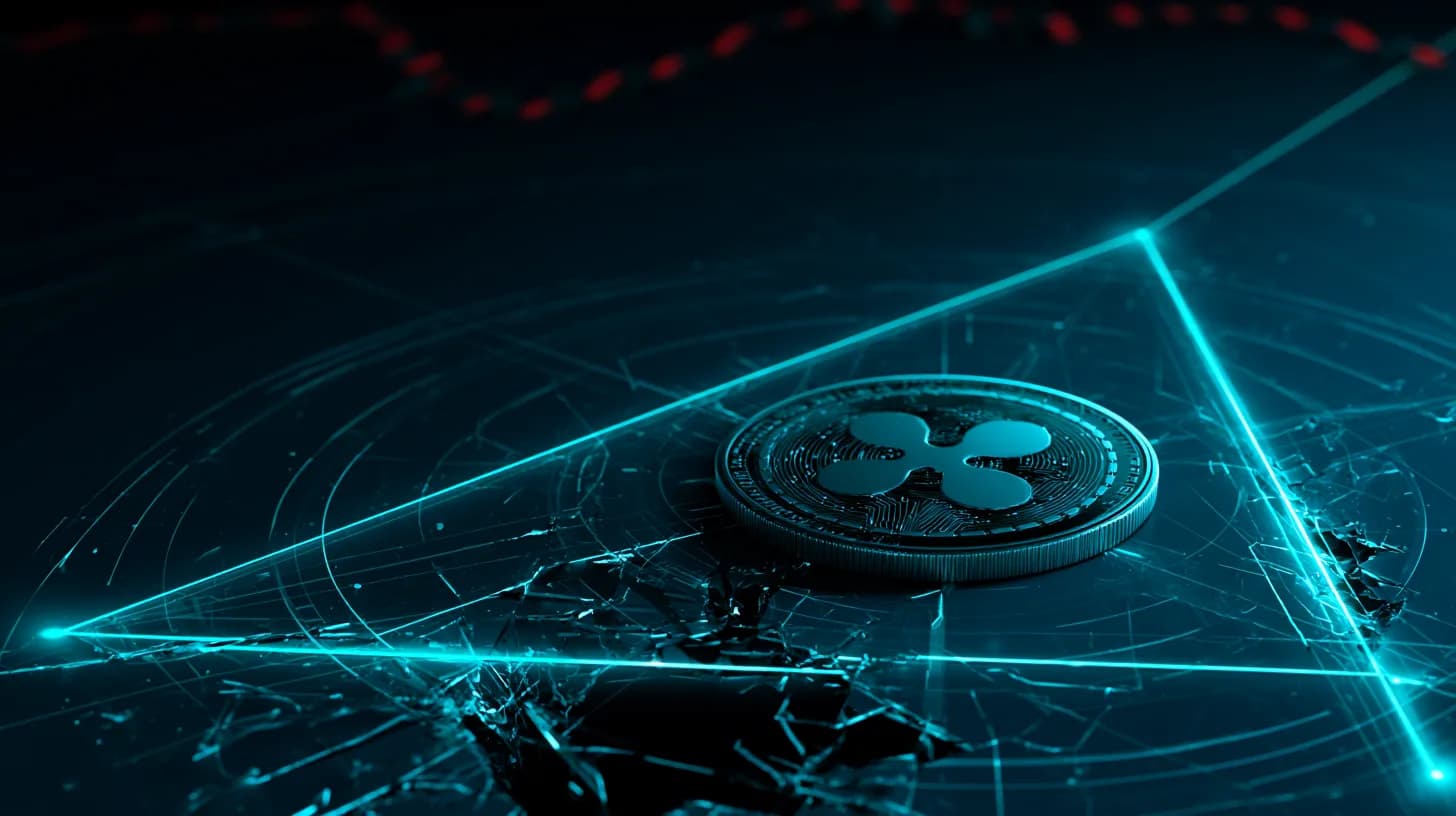 XRP coin at the apex of a broken symmetrical triangle chart pattern with cracked support line