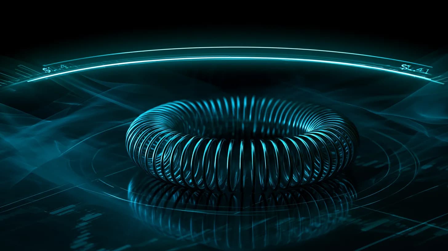 A compressed metallic spring beneath a glowing $1.41 price barrier symbolizing XRP's range-bound consolidation