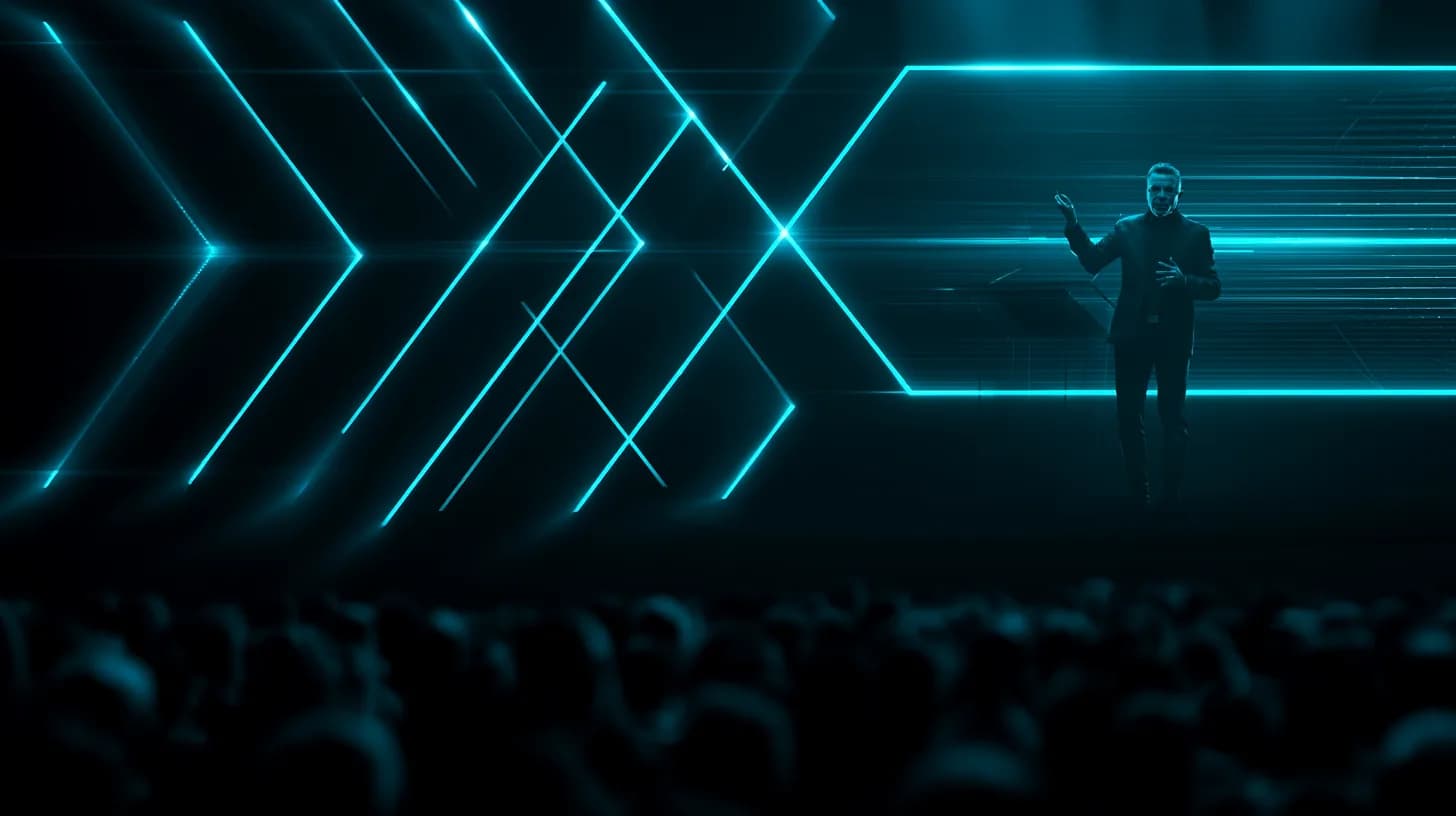 Executive speaks on the Consensus Miami 2026 main stage as the audience watches in low light