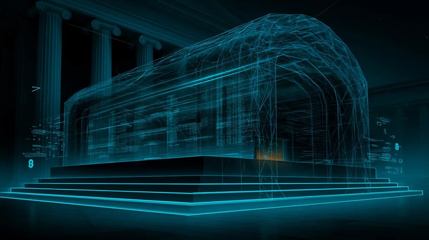 Stylised institutional desk with a glowing encrypted vault over a transparent on-chain token ledger