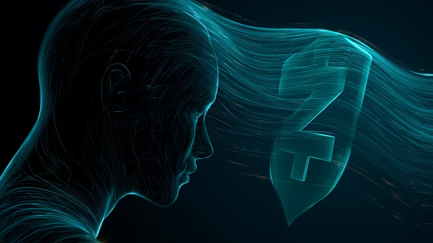 AI silhouette inspecting a translucent Zcash shield with cryptographic code flowing between them